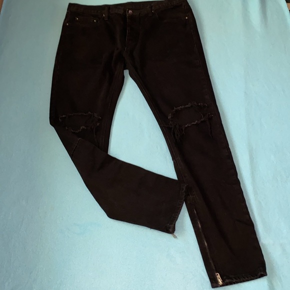 MNML black distressed ankle zips busted knees button fly stretchy NEW size 36 - Picture 3 of 14